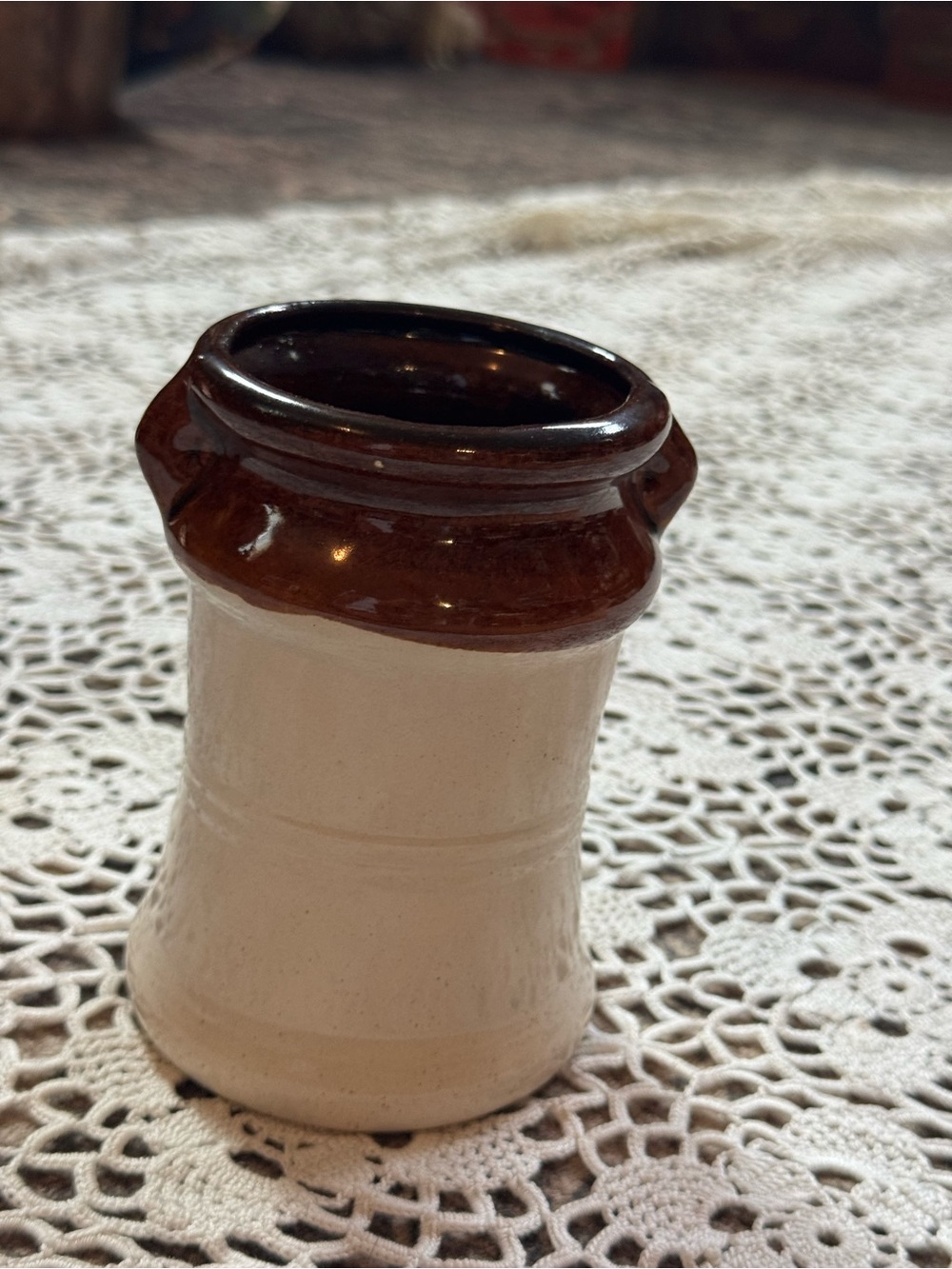 Vintage Brown & Cream Stoneware Crock | Small Primitive Farmhouse Pottery Jar